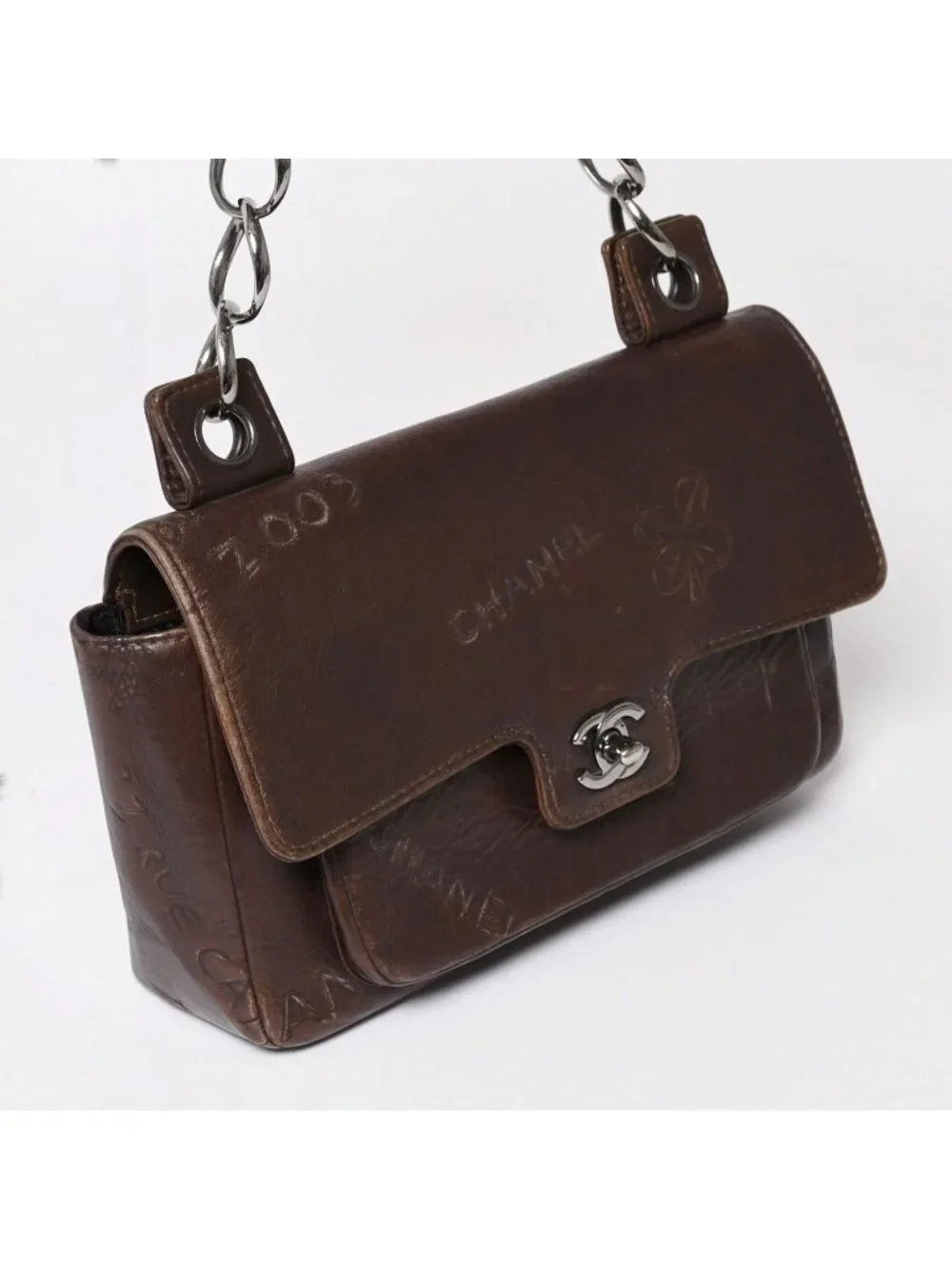 Chanel Chain Shoulder Bag Icon Motif Cruise Line Brown Silver
